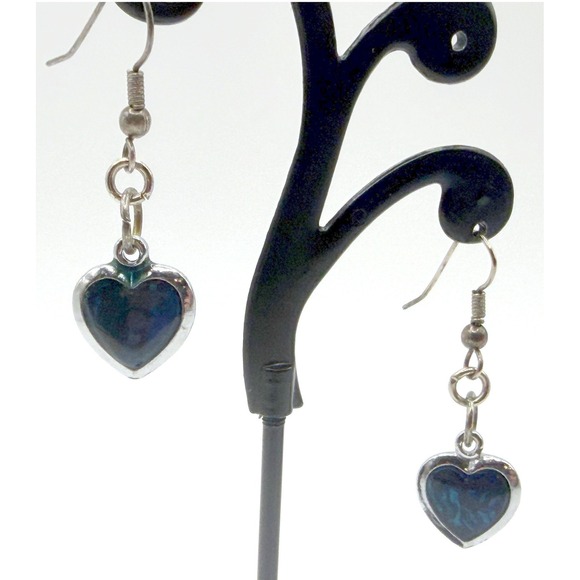 Blue Iridescent Heart Dangle Earrings Silver Tone 1" Drop - Picture 2 of 3